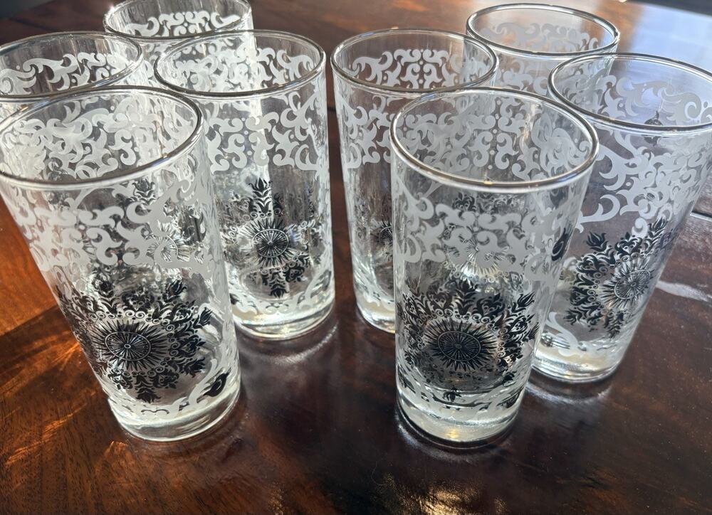 MCM Tumbler Glasses Frosted Scroll Silver Crest SET of 8 Libby Clear Drinking
